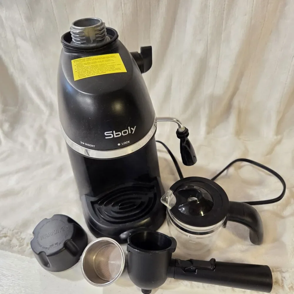 Sboly Black Espresso Machine for Ground Coffee 4-Cup Steam Wand Analog